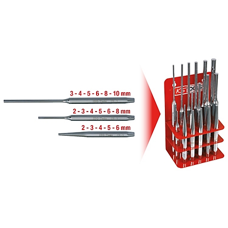 Stift-Lochwerkzeug-Set mit rotem Halter. Die Werkzeuge sind aus Metall und mit Größenbeschriftungen versehen.